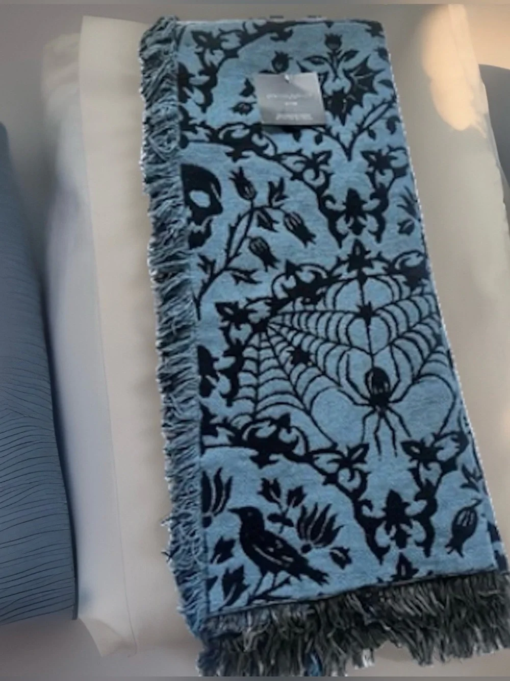 Cynthia Rowley Throw Blanket 50x70 Teal  Damask Spider Skull Raven Halloween